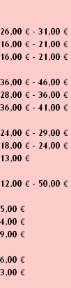 26,00 € - 31,00 €
16,00 € - 21,00 €
16,00 € - 21,00 €

36,00 € - 46,00 €
28,00 € - 36,00 €
36,00 € - 41,00 €

24,00 € - 29,00 €
18,00 € - 24,00 €
13,00 €

12,00 € - 50,00 €

5,00 €
4,00 €
9,00 €

6,00 €
3,00 €